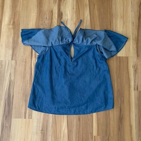 Express Women’s Medium Boho Festival Halter Cold Shoulder Blue Denim Top NWT - Picture 2 of 9